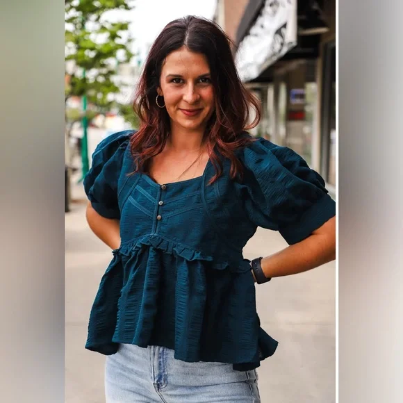 NWT Entro Teal Blouse with Puff Sleeves - Picture 1 of 6